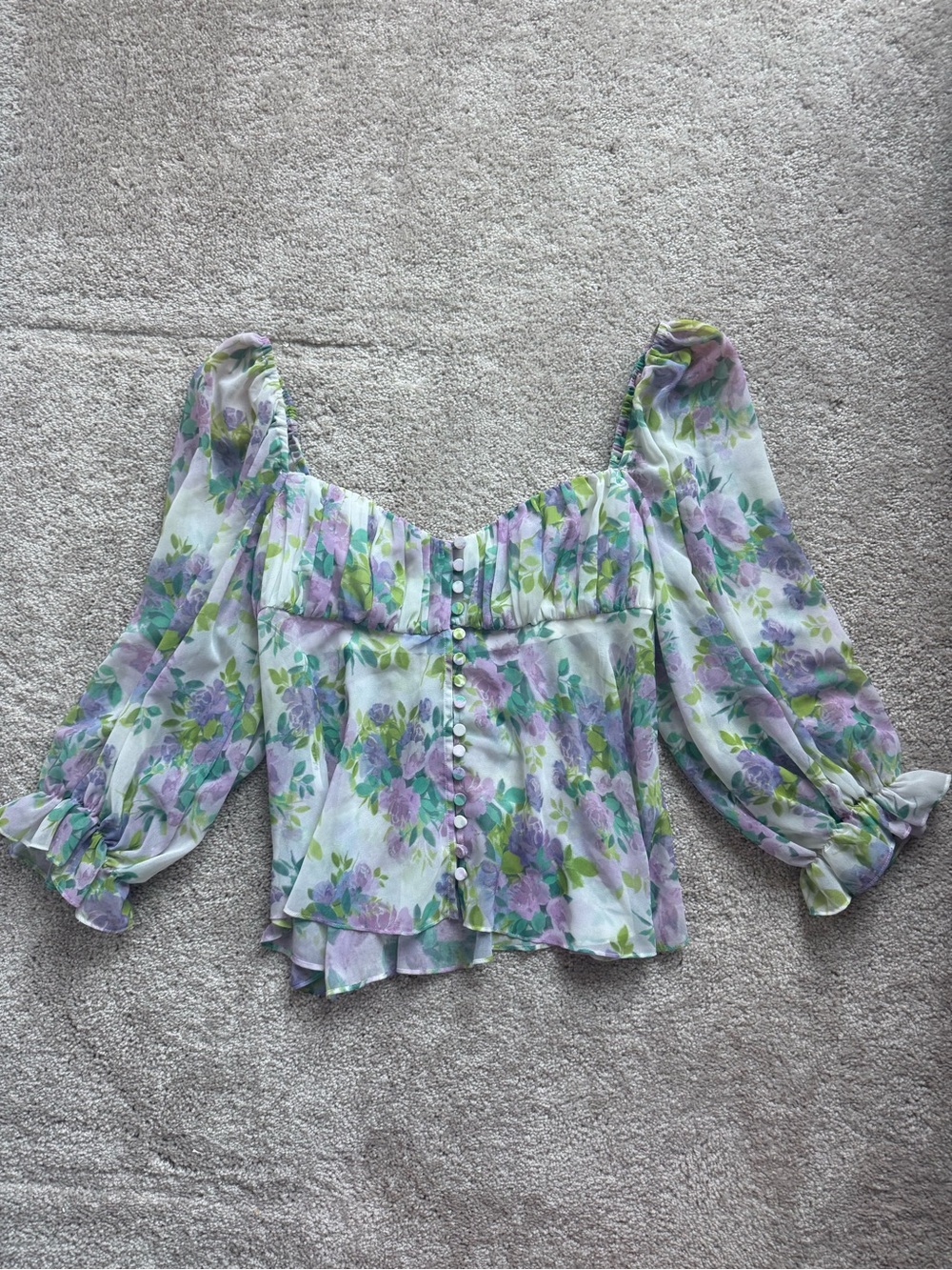 For Love & Lemons Lavender Green Floral Puff-Sleeve Blouse